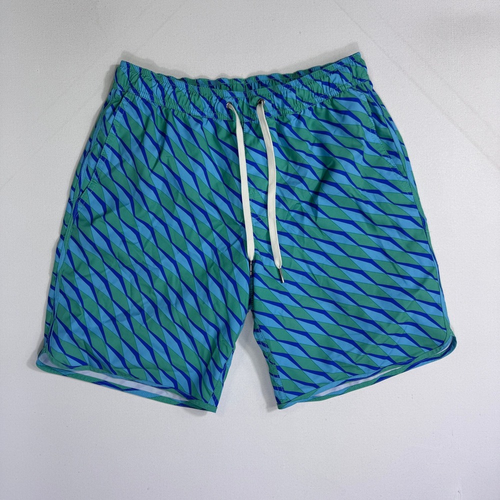 Fair Harbor Mens Swim Trunks Shorts Size Small Blue Green Geometric Lined Beach
